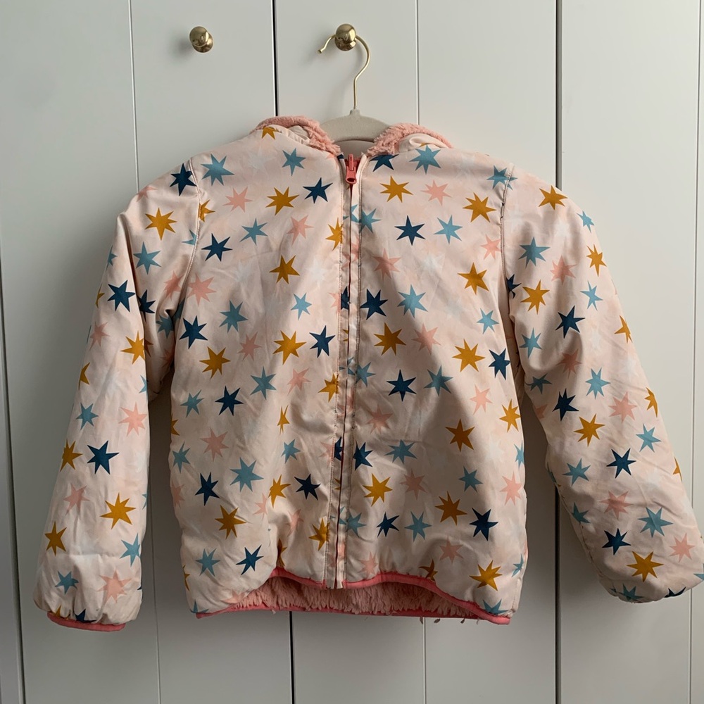 Hanna Andersson Girls Star Pink Faux Fur‎ Reversible Jacket Coat Size 6-7